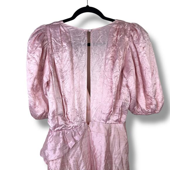 RONNY KOBO NWOT Blush Pink Satin Mindy Puff-Sleeve Faux Wrap Flounce Mini Dress - Picture 12 of 12